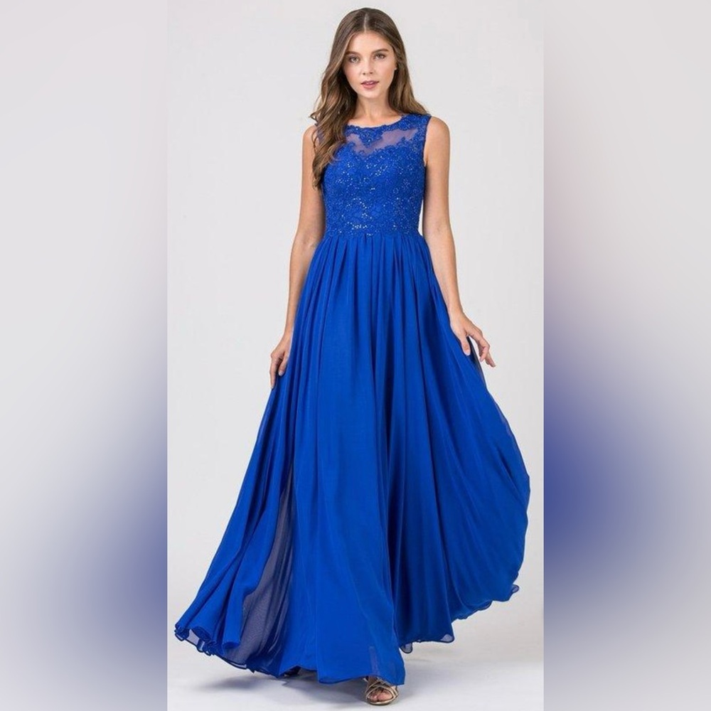 NWT Eureka Fashion - 3711 Sleeveless Lace Scoop Chiffon A-line Dress Royal Blue